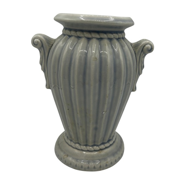 Gray Ceramic Urn Vintage Style Vase Greek Style Handles Fluted Design Blue Grey - Picture 1 of 9